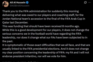 战报：约旦足协主席感谢FIFA付款，不支持因凡蒂诺